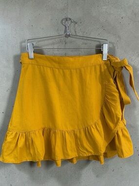 NWT Aerie Ruffle Hem Wrap Skirt Mustard Gold Sz S Linen Blend Boho Chic Summer